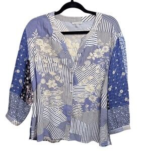 JOHN MARK Patchwork Embroidered Blue White Striped Tunic Top Size PXL